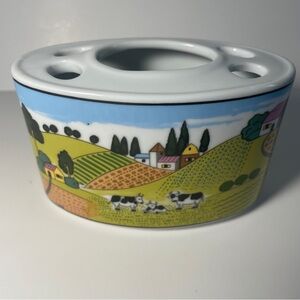 Made In Japan Ceramic Toothbrush Holder Cute Farmland Scene With Cows